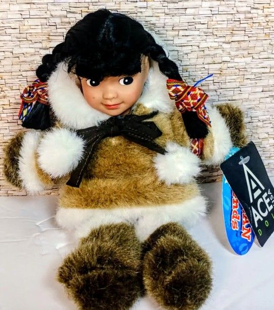 Ace Alaskan Eskimo 10" Plush Baby Doll. Tiny dot on right cheek.