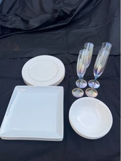 16-Piece Modern Dinnerware & Champagne Glass Set – White Plates/Bowls