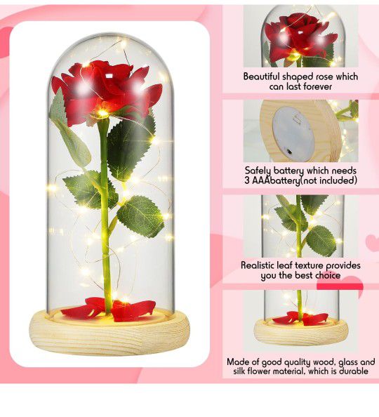 Red Artificial Roses with LED Light 8.66 Inch Birthday Gifts for Women Artificial Flower Gift Petals Lasts in Plastic Dome and Wooden Base for Girlfri