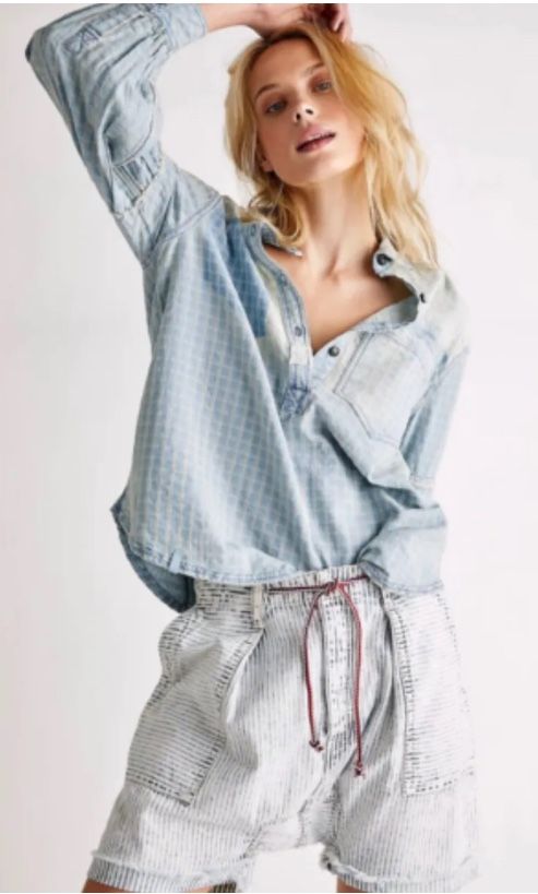 Free People Glacier Bay Printed Checked Distressed Denim Tunic We The Free