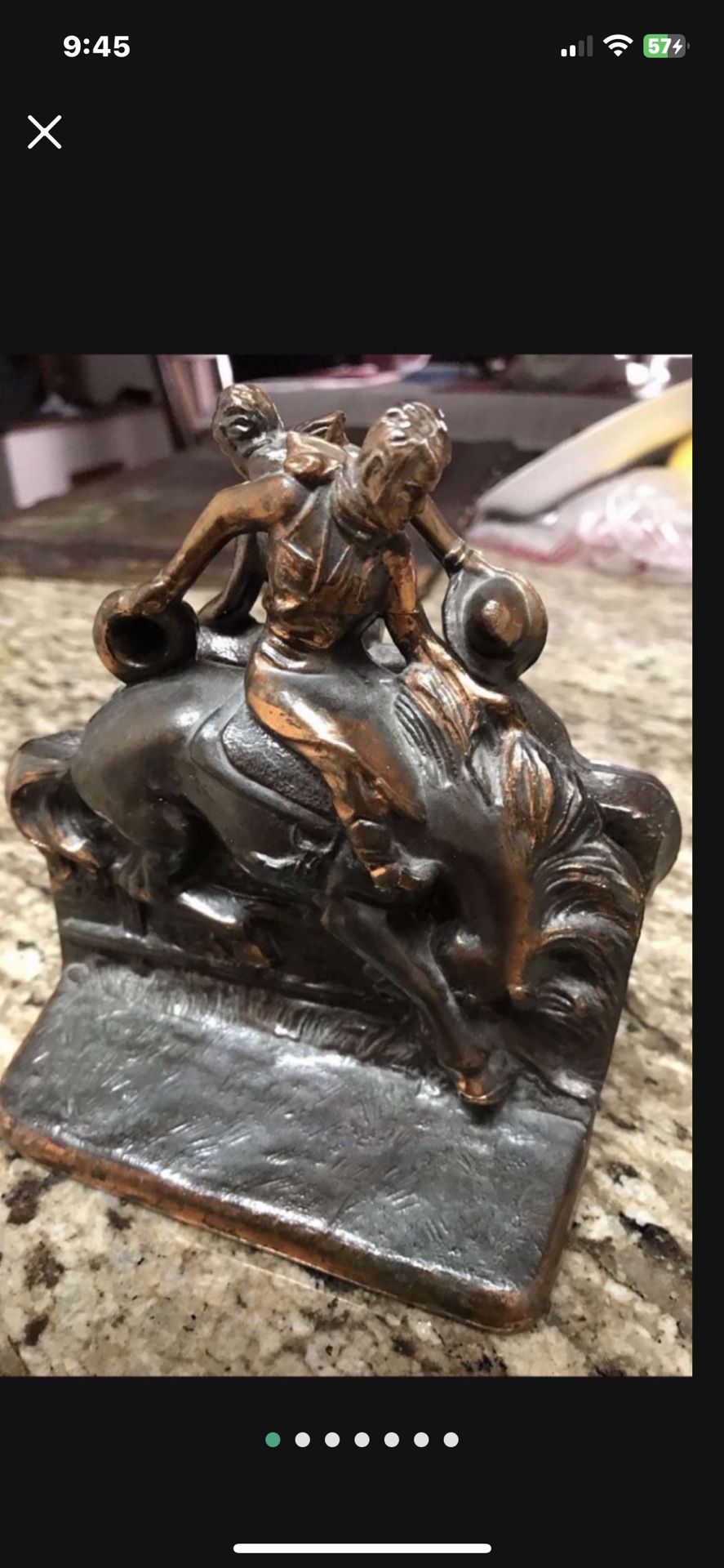 ANTIQUE AMERICAN COWBOY ON HORSE RODEO ART STATUE SCULPTURE DODGE METAL BOOKENDS