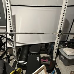 Squat Rack/ Weight Bench W Bar And Weight Plates 