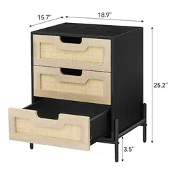 Rattan Night Stand Farmhouse Nightstand Bedside Table with 3 Drawers Nightstand with Metal Legs Sturdy and Durable Boho Accent Table for Bedroom Livin