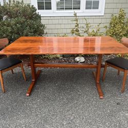 Vintage Mid Century Rare Solid Wood Trestle Table And 2 Mid Century Wood Dining Chairs
