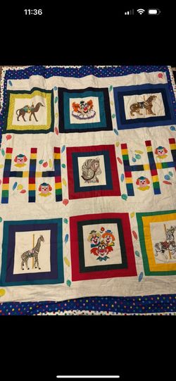 Embroidered Patchwork Clown Circus Balloon Blanket Quilt  80x62