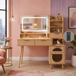 48" Fluted Vanity Desk with LED Mirror & USB Charging – Smoked Glass Top