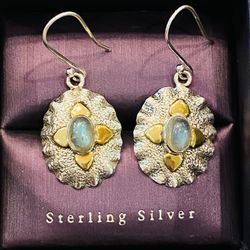 Solid 925 Sterling Silver 3.29cts  Labradorite Two Tone Heart Wavy Earrings