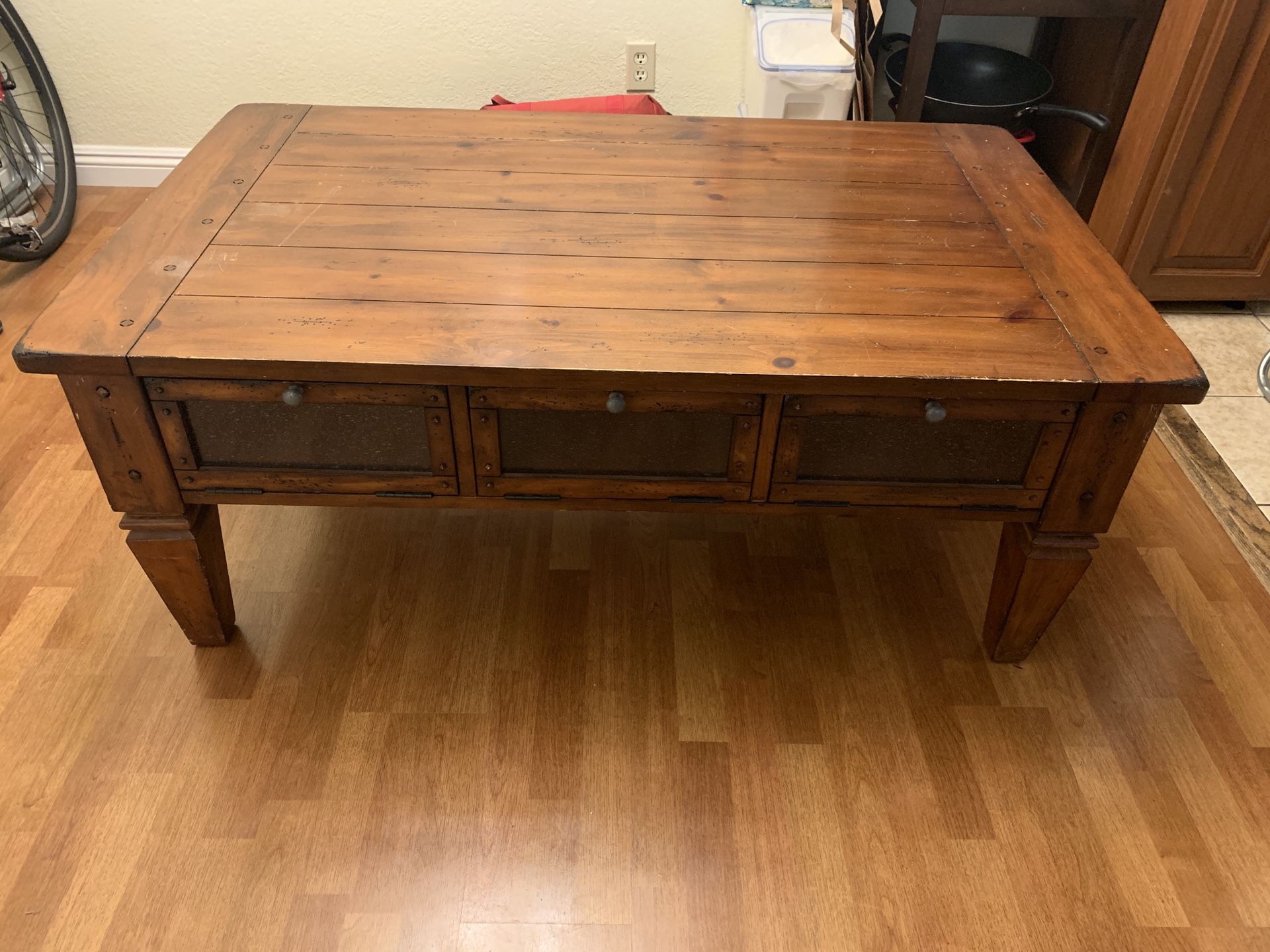 Coffee table solid wood, distressed with storage cabinet drawers