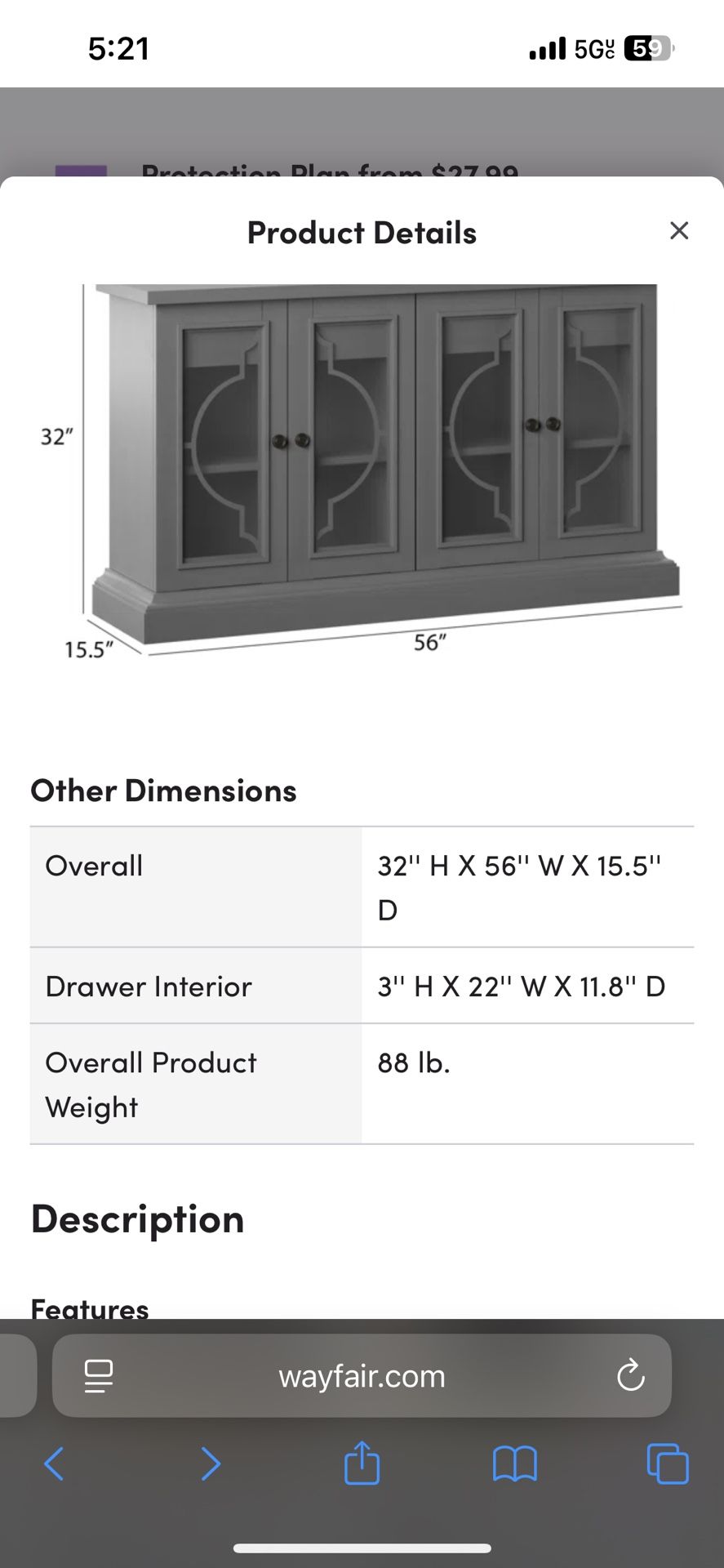 56” Console Buffet Table $149 New In Sealed Box