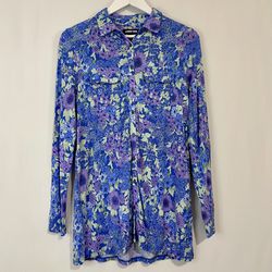 Lands’ End Women’s Long Sleeve Button Down Tunic Sunwash Blue Floral Size M NEW