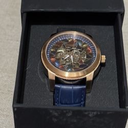 Heritor Automatic Emmanuel Semi-Skeleton Leather-Band Watch - Rose Gold/Blue