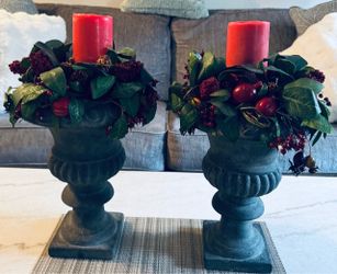 2 Christmas Greenery Filled Urns & 2 Christmas Candelabrum’s. See below Description: