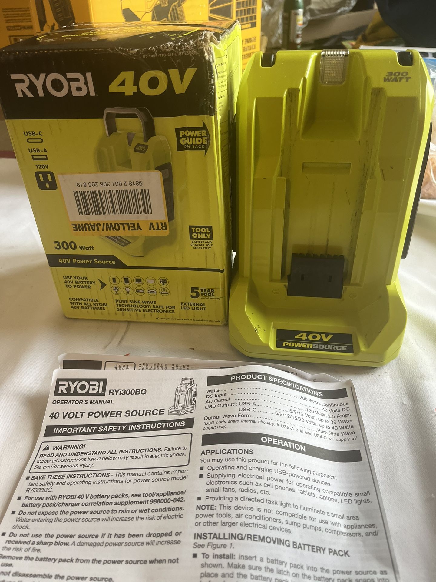 RYOBI 40V 300-Watt Portable Battery Inverter Power Source (Tool Only)