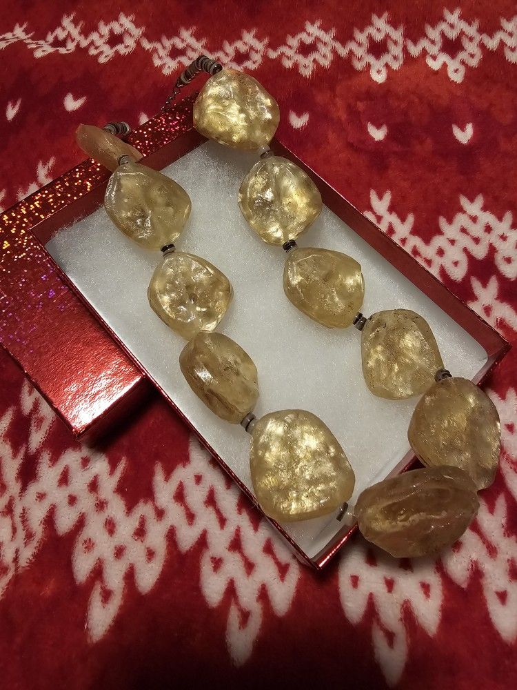 $15.00 - 1970's-80's Statement Necklace, Weighted Flat Citrine Stones! Like New In Gift Box!