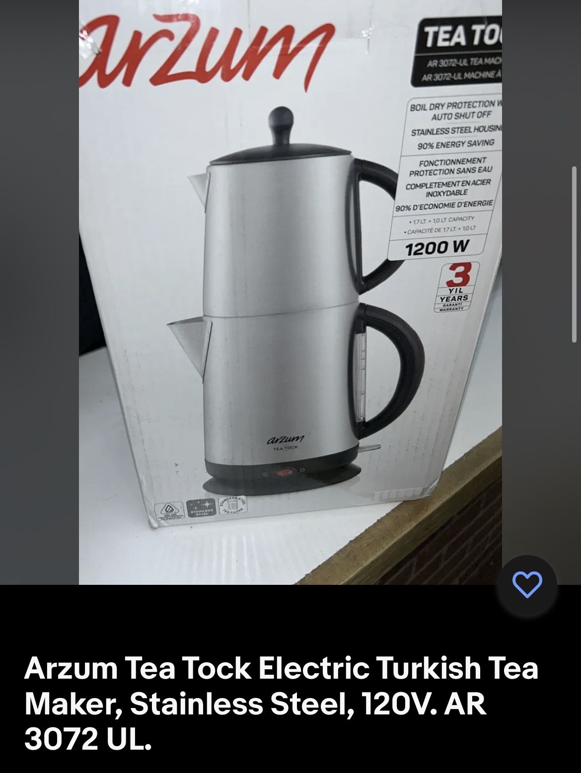 Arzum Tea Tock Electric Turkish Tea Maker, Stainless Steel, 120V
