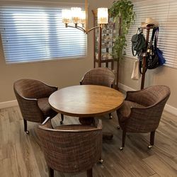 Vintage Dining Set Real Wood Circle Table 4 Fabric rolling Arm Chairs