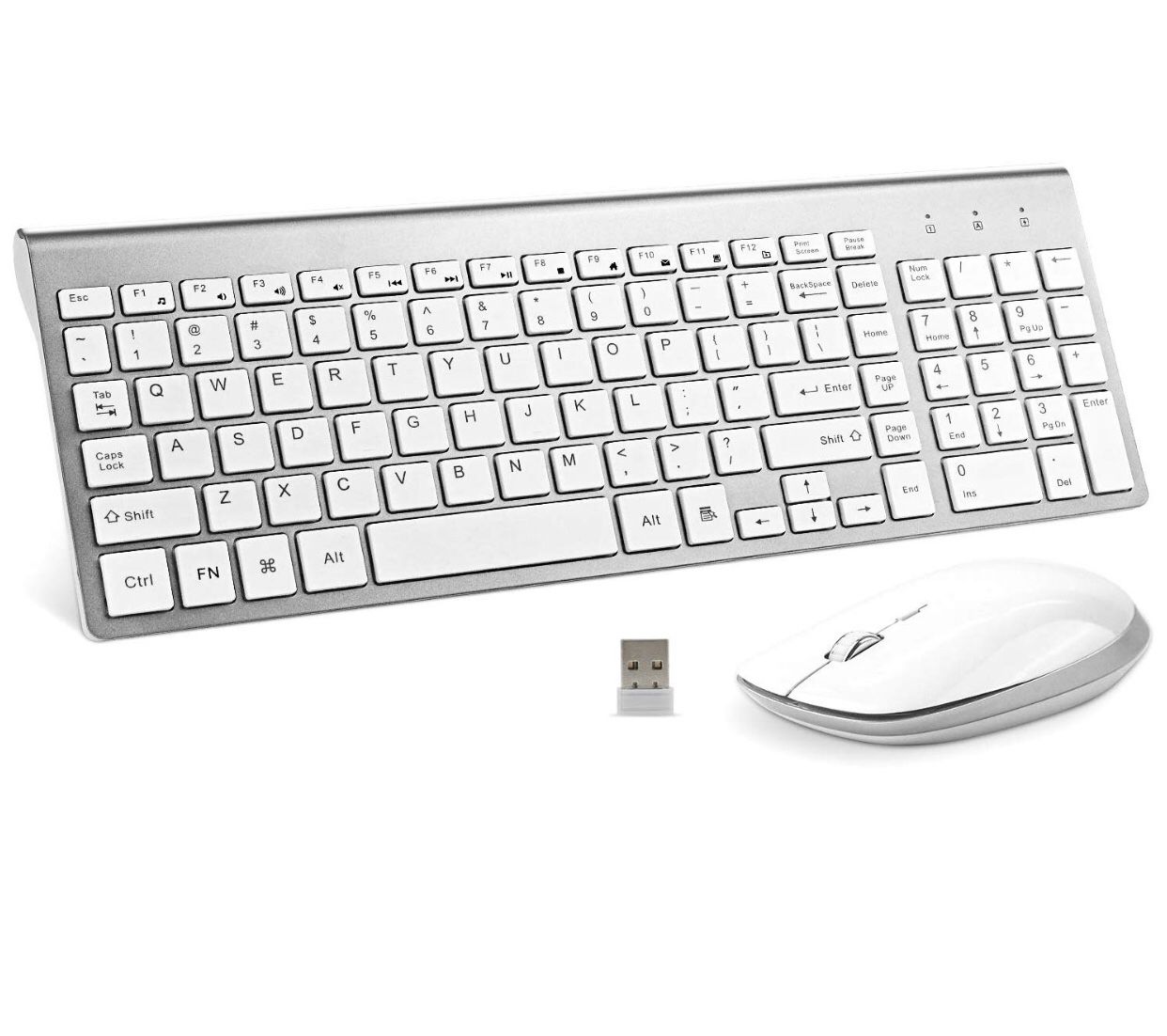 Wireless Keyboard and Mouse, FENIFOX USB Full Size Quiet Compact Compatible with iMac Mac PC Laptop Tablet Computer Windows (Silver White)