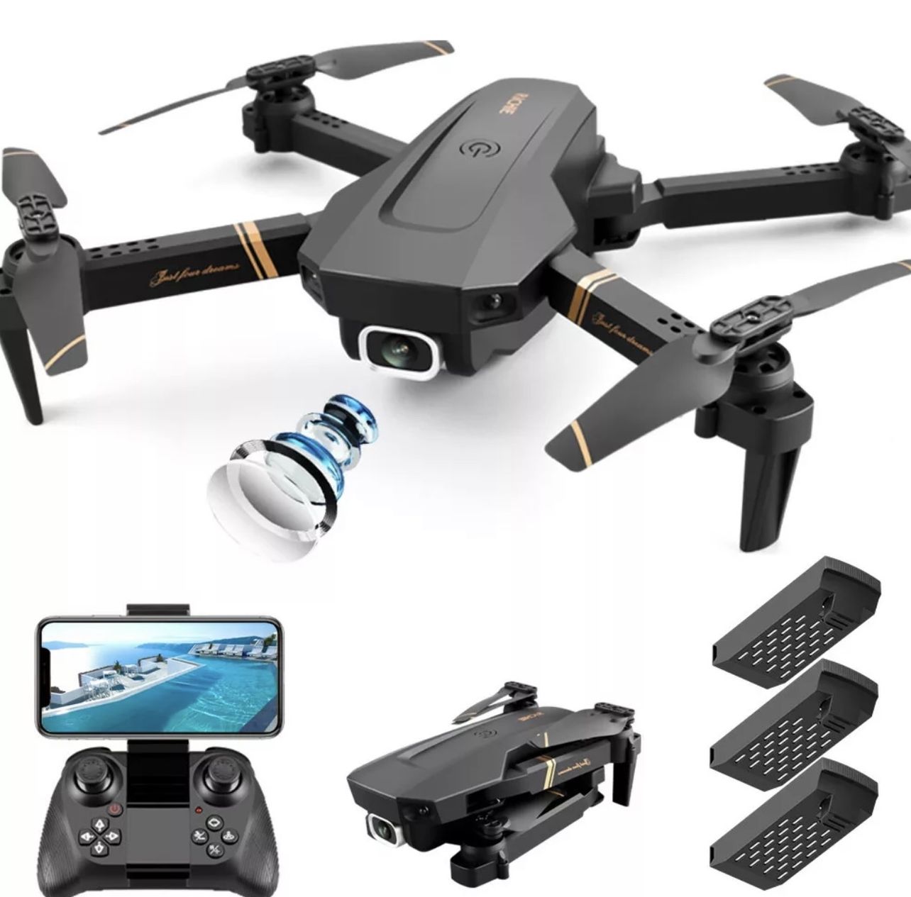 Drone 1080p HD Wide Angle Camera WiFi Drone Dual Camera Quadcopter 3 Batteries