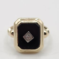 Antique Onyx 10k Solid Gold 0.07Ct Diamond Ring (Size 6) VS Quality