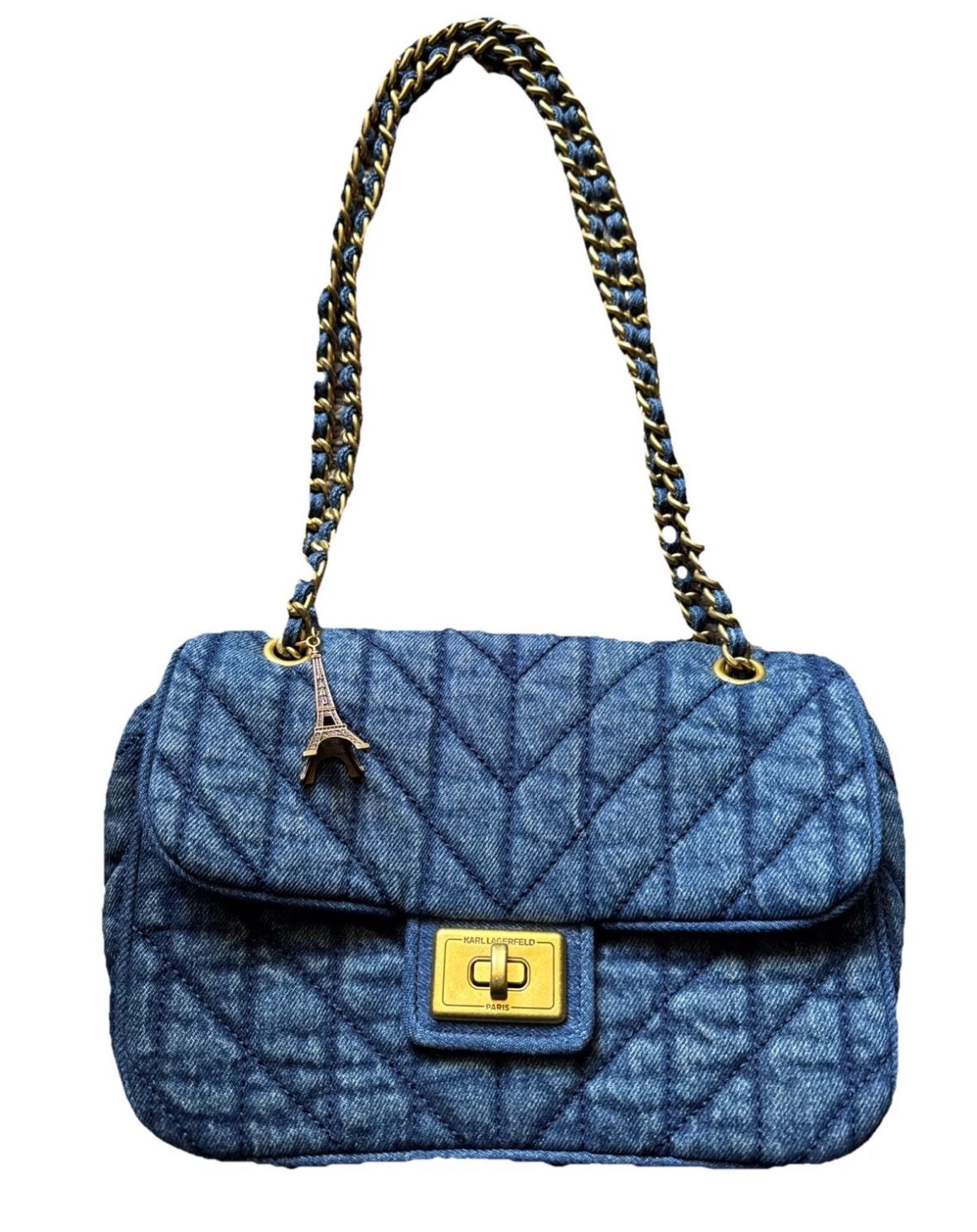 NWT Karl Lagerfeld Agyness Denim Quilted Blue Shoulder Bag with Chain Strap