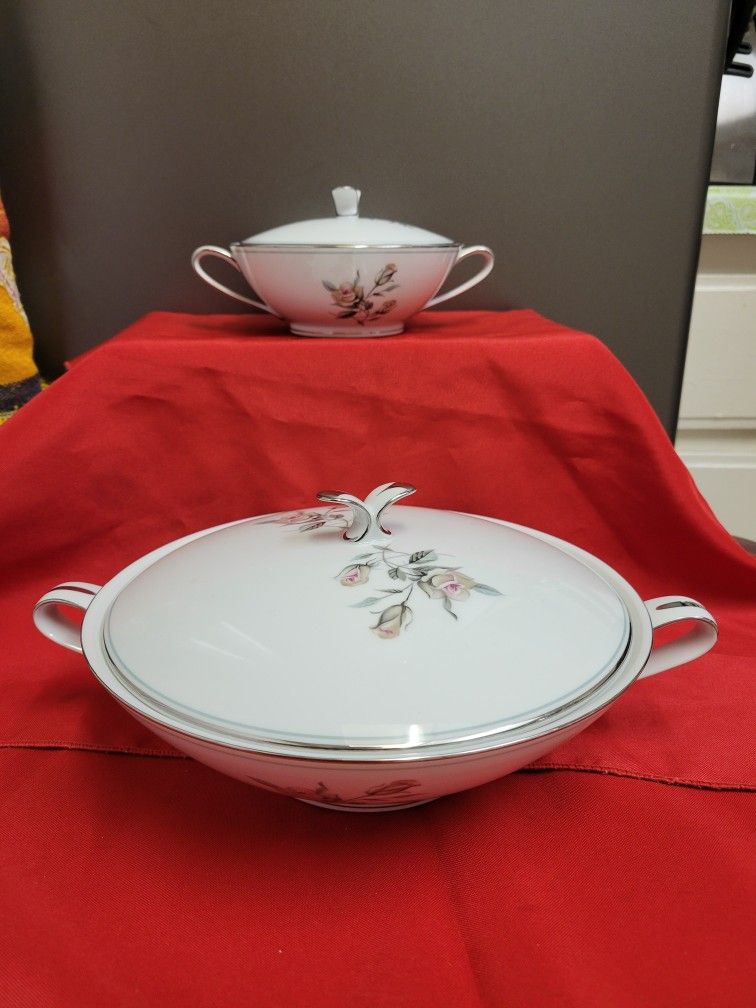 Beatiful Vintage Porcelain NORITAKE 50s/ 60s Salad & Sugar Bowl Platinium Trim Rose's Desing Japan/ Recipientes De Porcelana Para Ensaladas Y Azucar