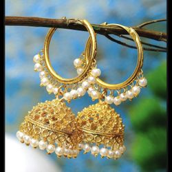 Silver Oxidized Earrings White Pearls Hoop Gold Plated Jhumka Jhumki Jewelry