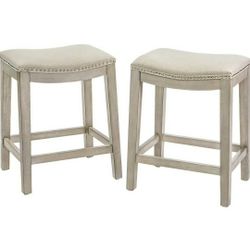 Barton Set of 4 Bar Stools Beige 24" Saddle Backless Premium Padded Indoor/Outdoor Nailhead Cushion Kitchen Counter Chairs Pub Seat Foot Rest