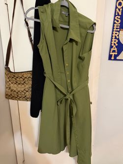 Olive Green Sleeveless Button-Down Shirt Dress