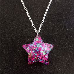 Purple and teal glitter Kawaii puffy star pendant on silver necklace chain new