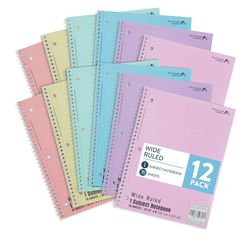 Blue Summit Pastel Spiral Notebooks, 1 Subject Pastel Notebooks Wide Ruled, Paper School Bulk Notebook, 12 Pack