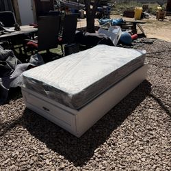 Twin White Bed Frame with Front Drawer + Mattress