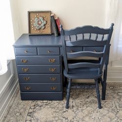 Vintage Writing Desk with Matching Chair - Solid Wood - Royal Blue