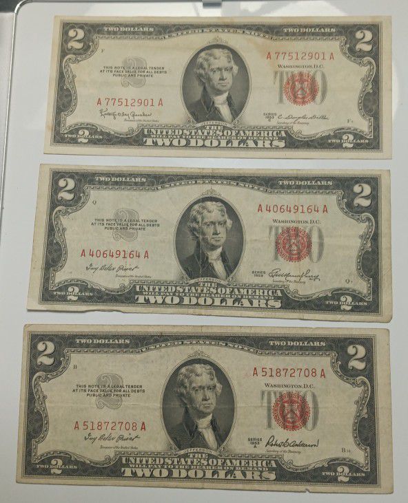 (3)-(1)1953 -(1) 1953A-(1)1953C $2 Two Dollar United States Red Seal 