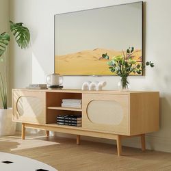Farmhouse Rattan TV Stand for 55/60/65 inch TV, Modern Entertainment Center with Natural Rattan Door and 2 Open Shelves, TV Console Table for Living R