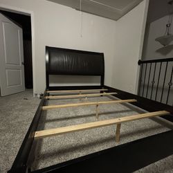 Dark Brown Queen Size Bed Frame With Leather Headboard And Nightstand