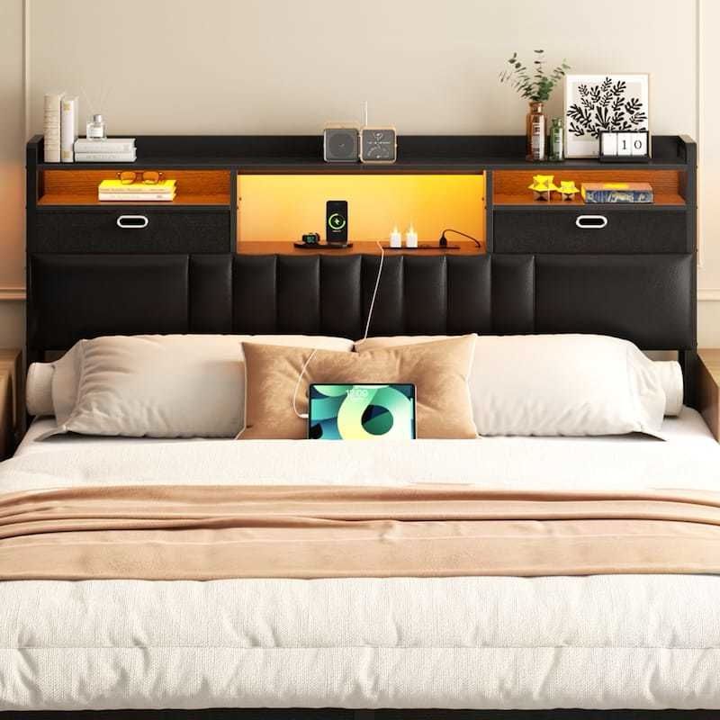 Upholstered Headboard with Drawer Storage and RGB LED Light, Sturdy Headboard with Charging Station & Bookcase, twin size This leather uph