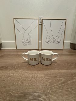 Mr and Mrs mug set with wall art of holding hands and plates set