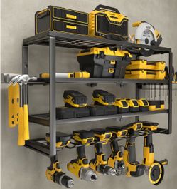 YYR 4 Layer Power Tool Organizer Wall Mount, Cordless Drill Hanger Storage Rack, Battery Tools Holder with Charging Station Shelf for Garage Organizat