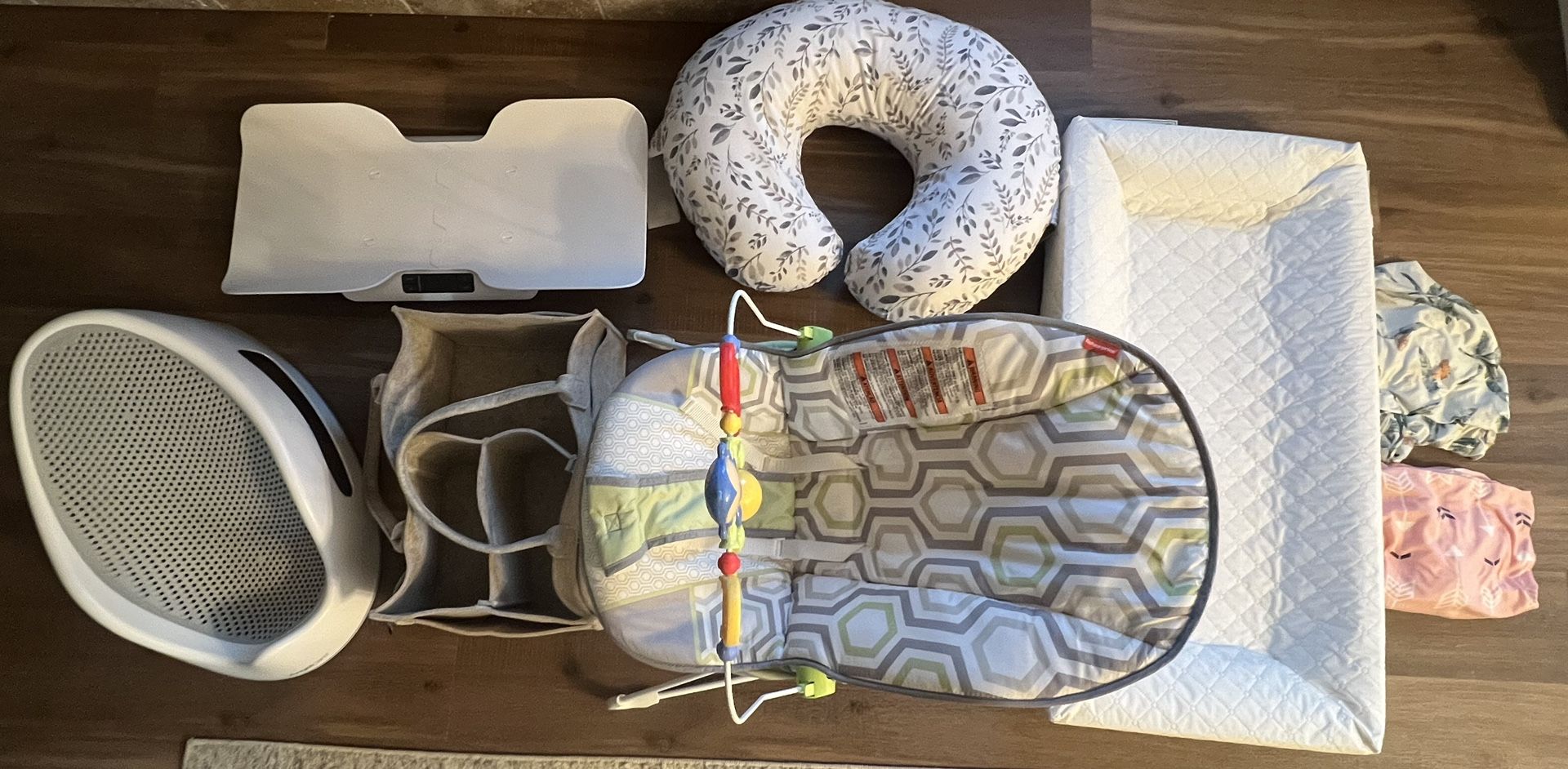 New Born Essentials - Diaper Caddy, Angel Care baby Bath Support, Fisher Price baby Bouncer, Weight Machine, Boppy Nursing Pillow,  changing Pad.