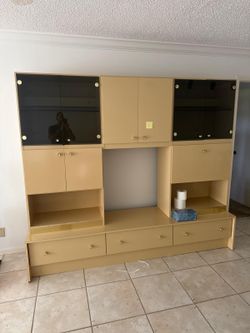 Vintage Tan Laminate Entertainment Center with Smoked Glass Doors $120