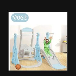 Ealing Toddler Slide Swing Set for Age 1-3  Indoor Baby Swing Toys Playset with Climber&Basketball Hoop,Blue(V062)