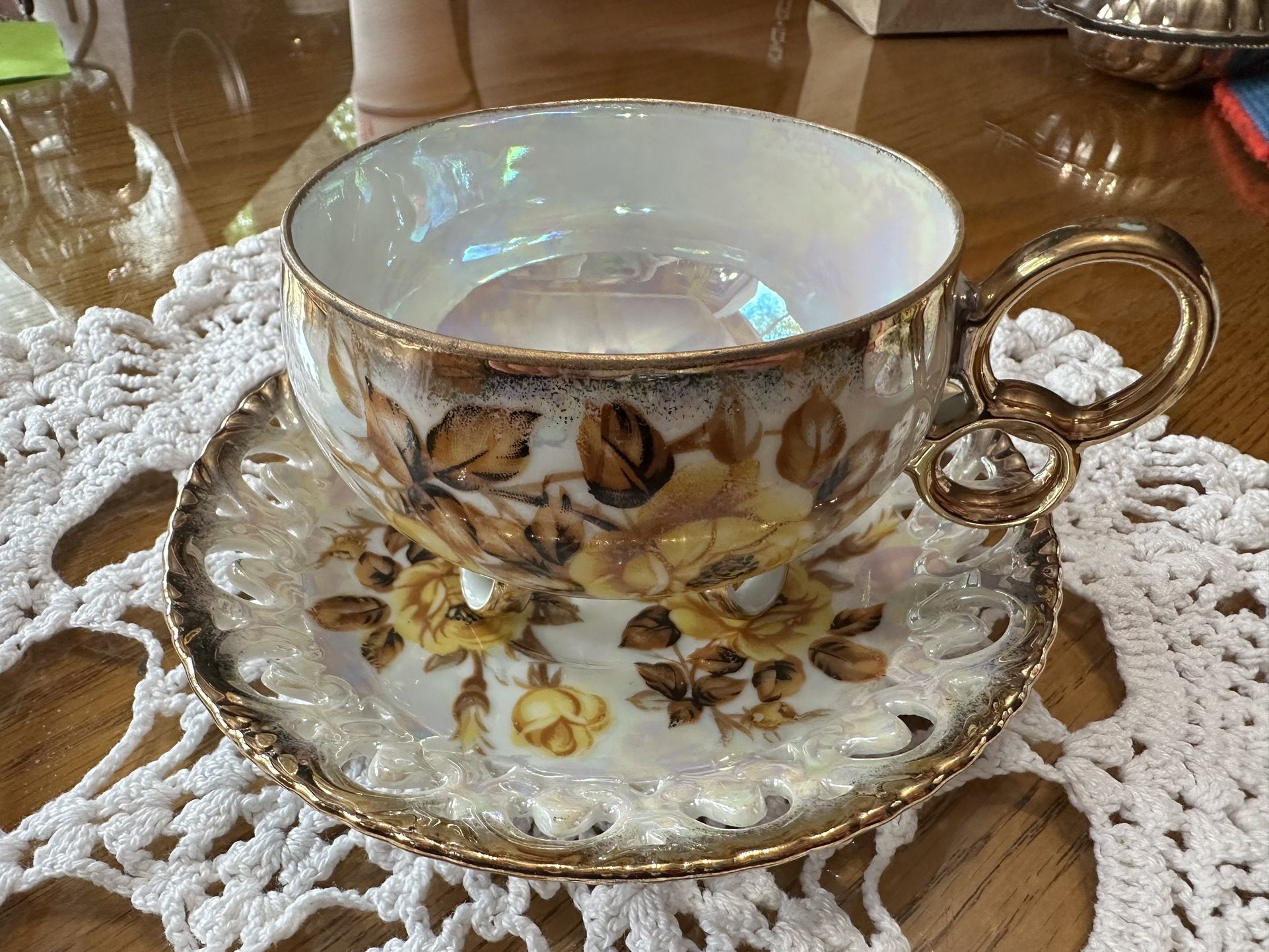 Cup & Saucer Made By Royal Sealy China In Japan. Yellow Roses With Brown Leaves Iridescent With Gold Trim.