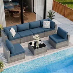7-Piece Wicker Outdoor Sectional Sofa Set with Navy Blue Cushions