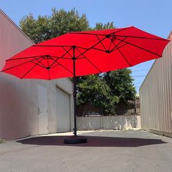(Brand New) $130 Large 15FT Double Sided Outdoor Umbrella w/ 65 LBS Plastic Weight Base (Red/Gray)