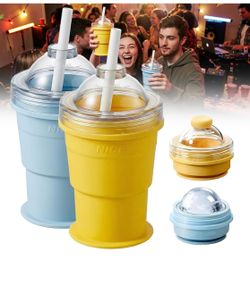 Portable Foldable Ice Hockey Drink Cup With Ice Ball Mold (Blue+Yellow)