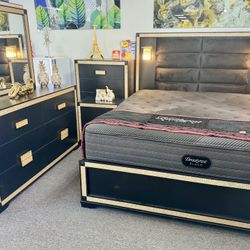 Gorgeous Modern Black & Gold 5 Pc Bedroom Furniture Set On Sale Now For Just 899