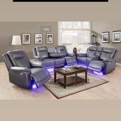 Power Electric Grey Leather Fully Reclining Couch Set 