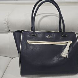 👜Kate Spade Navy Leather Tote w/ Cream Trim, Tassel + Dust Bag