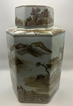 Small Brown on White Porcelain Vintage Tea Jar with Asian Pastoral Scene
