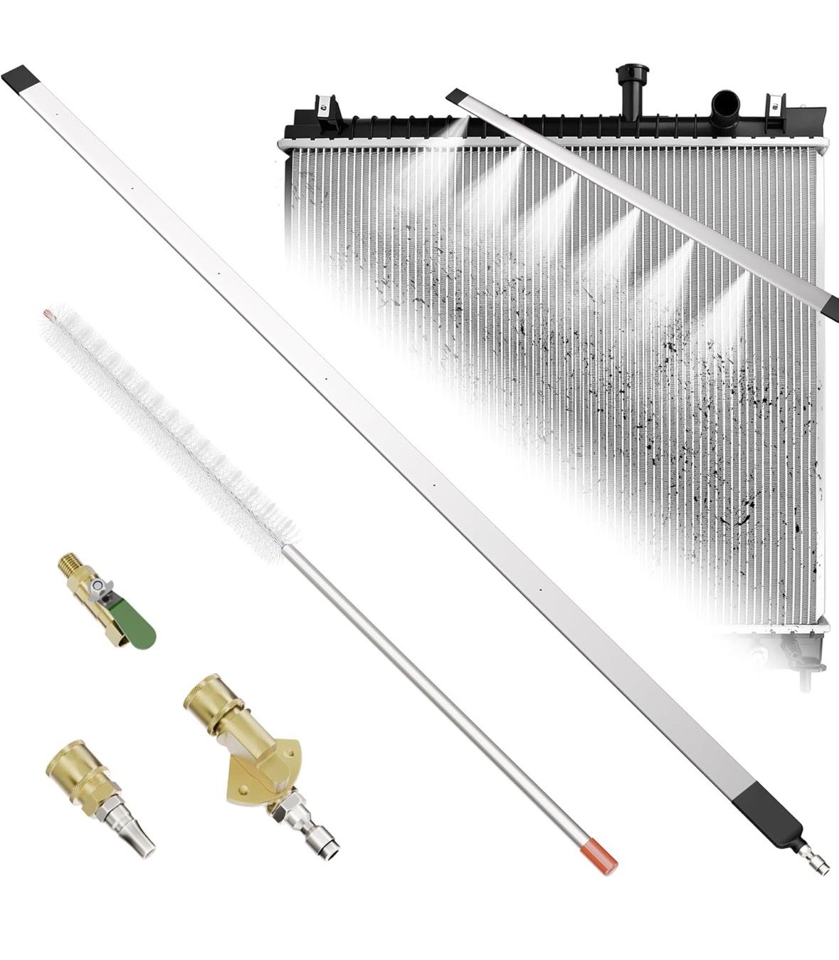 47" Radiator Cleaning Wand, High Pressure Washer Tool with 6-Hole Nozzle & Cleaning Brush, Extra Long Stainless Steel Cleaner for Car Truck RV HVAC Co
